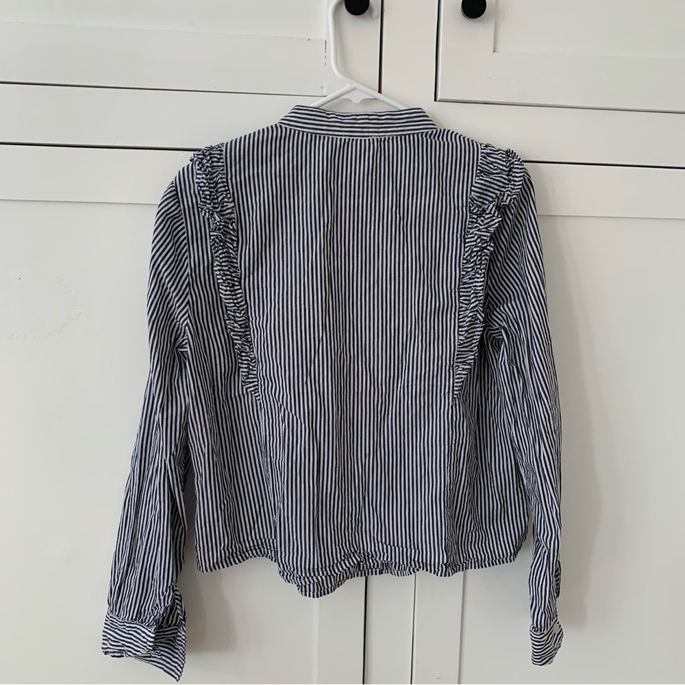 Dance & Marvel Blue Stripe Floral Embroidered Ruffle Long Sleeve Button Top L - Picture 13 of 13